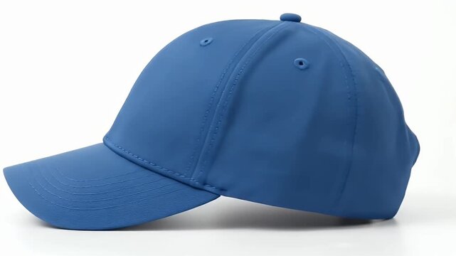 A crisp, plain blue baseball cap is meticulously presented against a pure white studio background. The video showcases the cap from multiple angles, emphasizing its classic, unadorned design and smoot