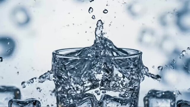 A crystal clear liquid splashes dynamically into a glass filled with gleaming ice cubes, creating an intricate crown-like pattern and mesmerizing ripples across the surface. The slow-motion capture hi
