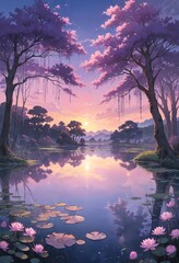 magical sunset over serene pond with lily pads and trees