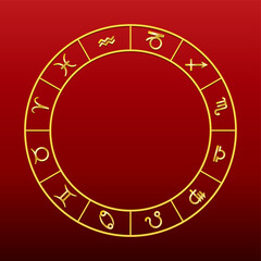 Golden zodiac wheel, over red, showing 12 signs used in horoscopic astrology. Visual representation of the heavens, a disc divided into 12 equal sized fields, with symbols of the zodiac signs. Vector