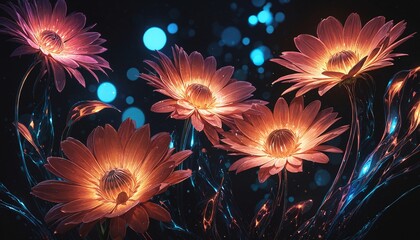 magical glowing flowers with neon blue and orange lights against dark background
