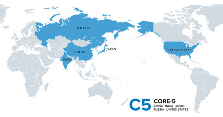 C5, Core-5 bloc, political map of an international forum, including the countries China, India, Japan, Russia, and United States, as a contrast to such groups as the G7. Isolated illustration. Vector