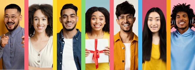 Obraz premium A lively group of young adults poses against vibrant colored backgrounds. Each person expresses joy, showcasing a range of emotions and styles while standing together in unity.