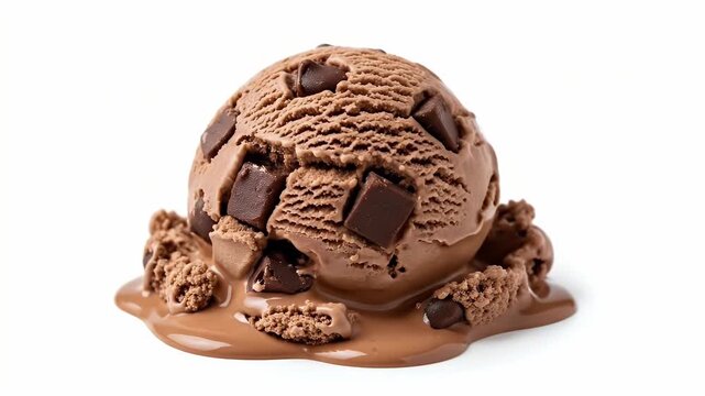 A decadent scoop of rich chocolate ice cream, generously studded with dark chocolate chunks, slowly melts into a luscious pool on a pristine white background. This close-up captures the irresistible a