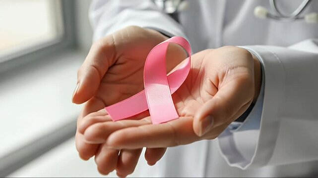 A dedicated medical professional, identifiable by their crisp white coat, gently cradles a vibrant pink ribbon in their cupped hands. This evocative close-up shot powerfully symbolizes solidarity, awa