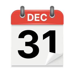 3D Realistic December 31 Calendar Icon &ndash; Classic Red Paper Desk Calendar with Folded Corner, End of Year Date, New Year Countdown, Simple Minimal Design Template for Banner, Poster and Wall Calendar.