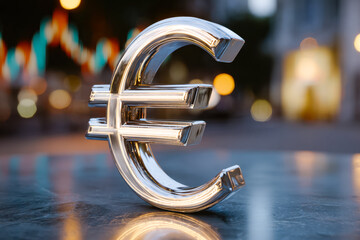 Modern metallic euro symbol sculpture with blurred cityscape background