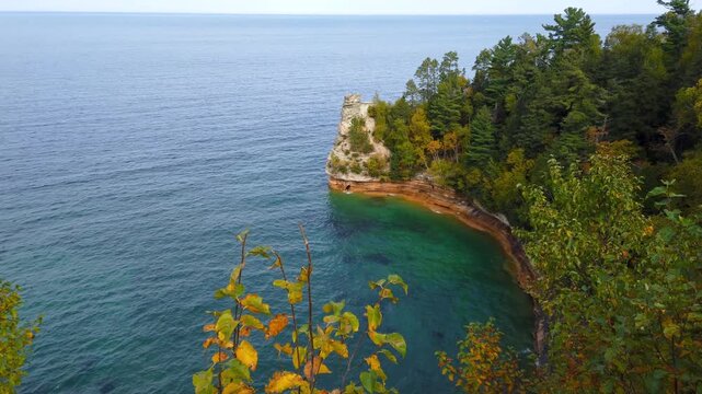 The Miners Castle rock formation overlooking Lake Superior in the Pictured Rocks National Lake Shore landscape in Michigan Upper Peninsula.