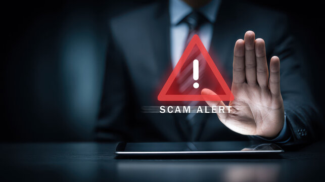 Scam alert and online fraud prevention concept with businessman showing stop gesture and warning sign over digital tablet representing cybersecurity awareness and protection against scams