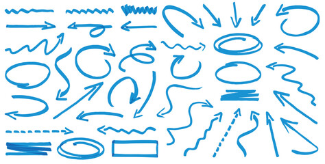 Set of blue arrows. Hand-drawn arrows designed for presentations and workflow. Vector illustration.
