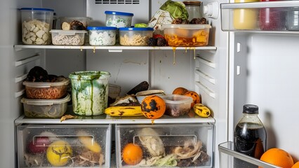 Inside a messy, overstuffed refrigerator filled with old food and leftovers