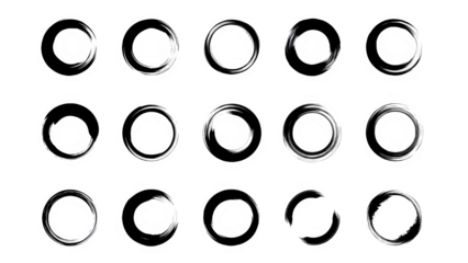 Set of 12 Black Sumi E Enso Brush Circles 3x4 Grid Isolated on Transparent Background PNG

