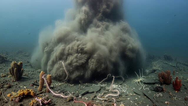Underwater sediment plume from deep sea mining activity. Marine habitat pollution affecting biodiversity on the ocean floor. Environmental impact.