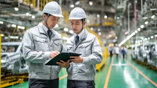 男性作業員が工場内で、仲間と打ち合わせをしている場面