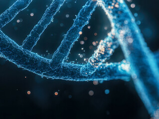 Detailed digital science illustration of a glowing dna strand structure with a microscopic perspective revealing molecular particles and blue hues in a dark environm