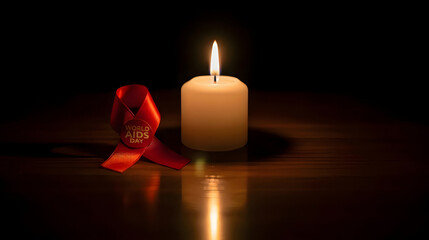 World AIDS Day Red Ribbon Resting Next To Burning Candle On Wood Table In Dark Dramatic Room