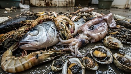 A fresh and diverse assortment of seafood, including fish, shrimp, squid, and clams, arranged on a surface