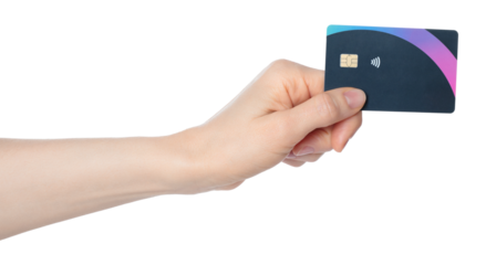 Hand holding a bank card with a chip, isolated on transparent background. Ideal for finance, payment, banking, digital transactions, and security-themed projects