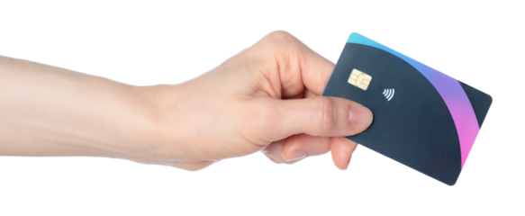 Hand holding a bank card with a chip, isolated on transparent background. Ideal for finance, payment, banking, digital transactions, and security-themed projects