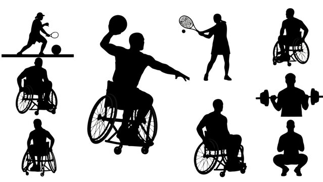 Silhouettes of athletes with disabilities participating in various sports including wheelchair basketball, tennis, and weightlifting