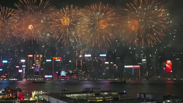 Chinese New Year beautiful fireworks at Victoria habour, Hong Kong, 4k