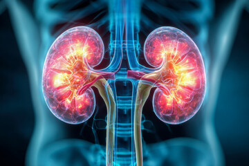 3d visualization of human kidneys illuminated with detailed blood vessels and urinary tract within a transparent upper torso showing anatomical structure and functio