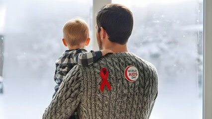 Father Holding Child Wearing World AIDS Day Red Ribbon Near Window On Bright Winter Morning