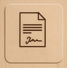 Contract Document Icon on Wood Background: Minimalist icon of a signed document on wooden background, symbolizing legal contracts, agreements, or public relations documentation.