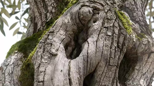 A mesmerizing close-up of ancient, gnarled olive tree trunks, showcasing their intricate, twisted forms and deeply textured bark. Patches of vibrant green moss cling to the weathered surfaces, highlig