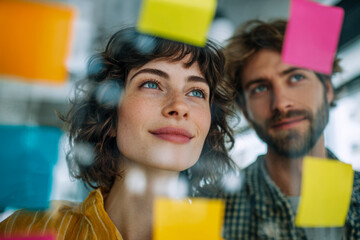Young creative professionals brainstorming and collaborating with colorful sticky notes on glass wall in modern bright office environment