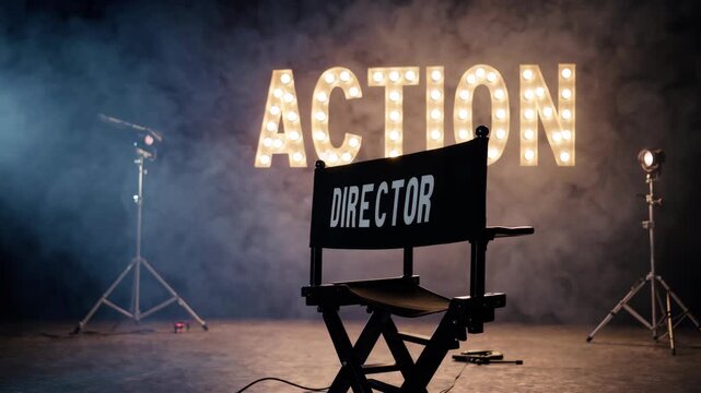 Film set a director's chair, illuminated action sign, tripod, and spotlight within a smoke-filled studio. perfect for themes of filmmaking, directing, and cinematic storytelling.