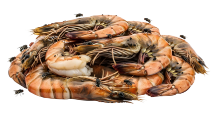 An alarming image of a large mound of neglected cooked shrimp, teeming with flies, indicative of significant food spoilage and health hazards