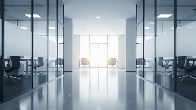 A pristine and modern corporate hallway stretches into the distance, illuminated by bright, almost ethereal natural light streaming from a far doorway. Glass-walled offices with frosted details line b