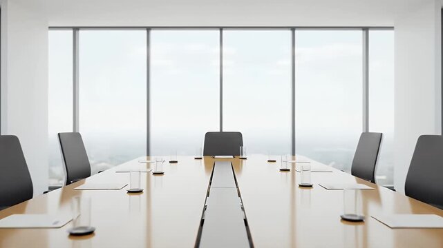 A pristine and modern corporate conference room, meticulously set up for an important meeting, offers a breathtaking panoramic view of a city skyline through its expansive floor-to-ceiling windows. Th