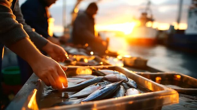 Fish being processed on bright morning at coastal fishing dock during golden hour, faceless workers handling catch, warm sunrise light, defocused harbor equipment, with copy space