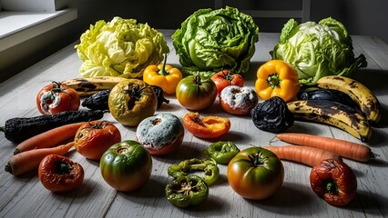 Decaying fruits and vegetables, like moldy bananas and rotten lettuce, starkly illustrate global food waste and the urgent need for sustainable practices