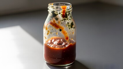 The last remnants of a vibrant red sauce, speckled with green herbs, clinging to the interior of a clear glass bottle, hinting at a finished meal