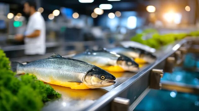 Fresh sea fish moving systematically along stainless steel conveyor belt in modern automated food processing plant, industrial seafood production machinery, efficient factory line,