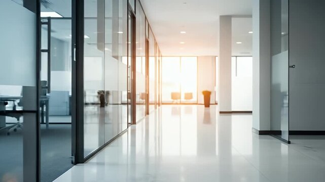 A pristine, modern office hallway bathed in bright natural sunlight streaming through large windows at the far end, creating a soft, inviting glow and a subtle lens flare effect. The scene features ex
