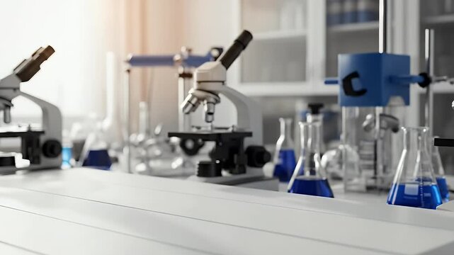 A pristine, modern laboratory setting features multiple microscopes neatly arranged on clean white workbenches, ready for scientific exploration and discovery. Various beakers and flasks, some contain