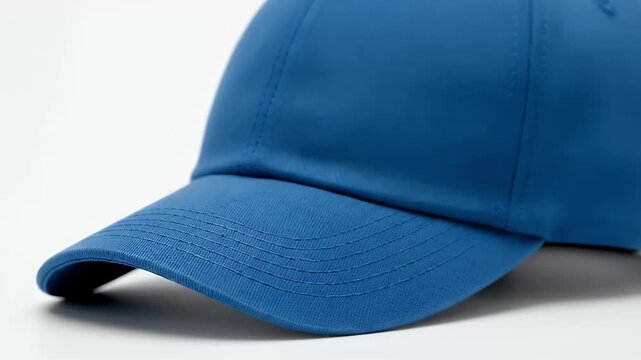 A pristine, plain blue baseball cap is meticulously displayed against a bright white background, showcasing its clean lines and simple fabric texture. This unbranded headwear offers a versatile aesthe