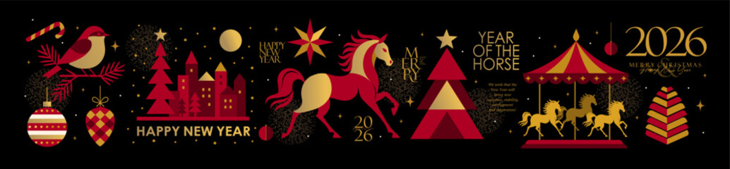 Obraz premium 2026. Happy Chinese New Year. Year of the Horse. Elegant abstract geometric banner with festive symbols, decorations, a stylized horse, a carousel, a Christmas tree, a city, a bullfinch, stars