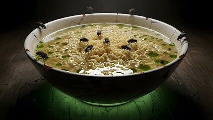 A repulsive bowl of instant noodles, disturbingly infested with various insects, emanates an eerie green glow, vividly illustrating unsanitary food conditions and infestation