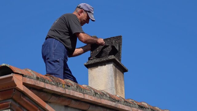 A chimney sweep removes dirt from the inside of a chimney cap on a roof