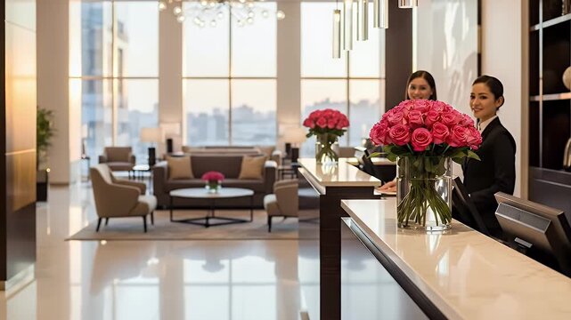 A serene and elegant modern hotel lobby provides a welcoming atmosphere, featuring two professional hospitality staff members at a gleaming front desk. One attendant engages with a digital tablet, whi