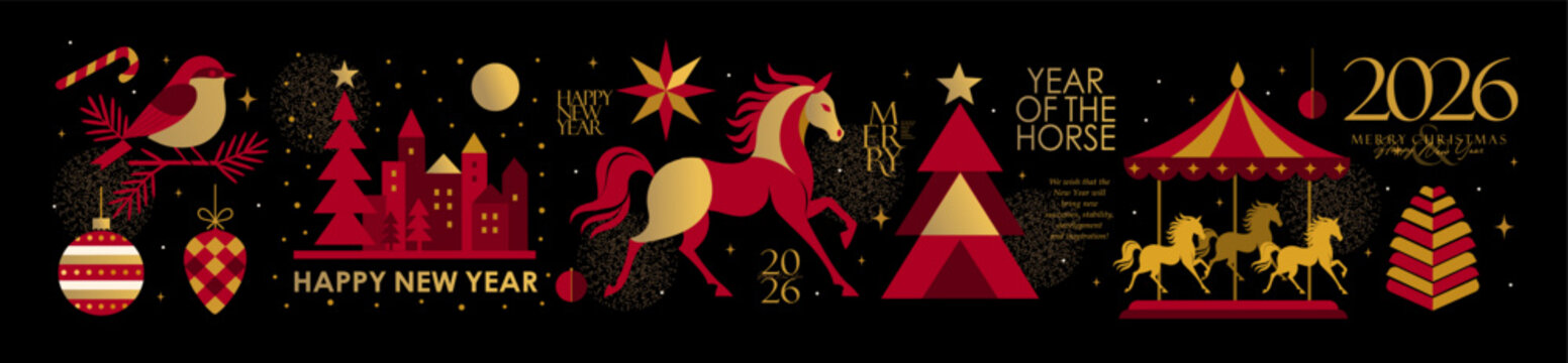 2026. Happy Chinese New Year. Year of the Horse. Elegant abstract geometric banner with festive symbols, decorations, a stylized horse, a carousel, a Christmas tree, a city, a bullfinch, stars