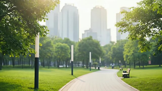 A serene and expansive urban park features a clean, winding paved pathway, inviting visitors to stroll through a lush landscape. Vibrant green grass stretches on either side, bordered by numerous heal