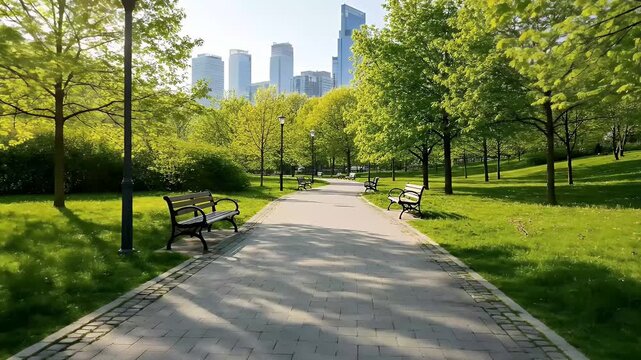 A serene paved pathway winds gracefully through a vibrant urban park, flanked by lush green trees with fresh spring foliage and manicured grass. Bright sunlight streams through the canopy, casting dap