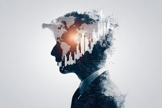 A digital illustration of a man's profile merging with a world map and financial growth charts, symbolizing global data analysis, strategic thinking, and economic insights - Powered by Adobe