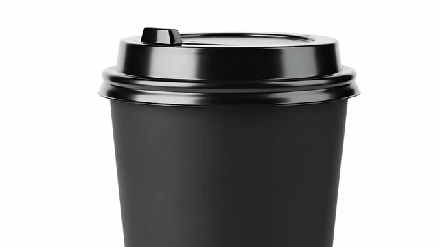 A sleek, minimalist black disposable cup with a matching black lid is prominently displayed against a pristine white background. This isolated, studio-quality shot highlights the contemporary design a